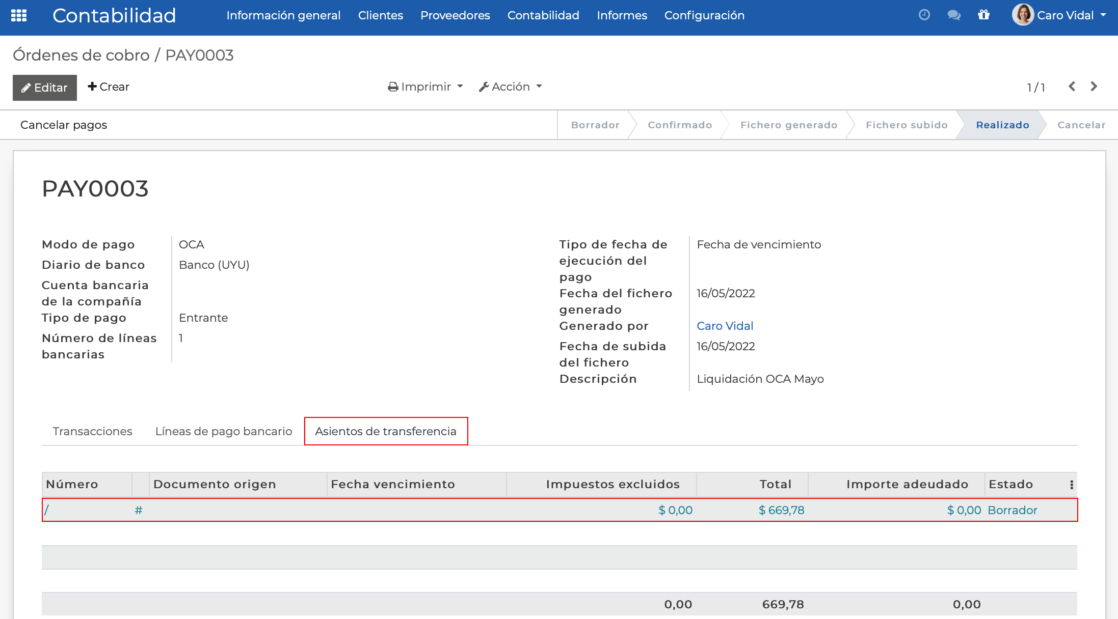Imagen 14: Asientos de transferencia