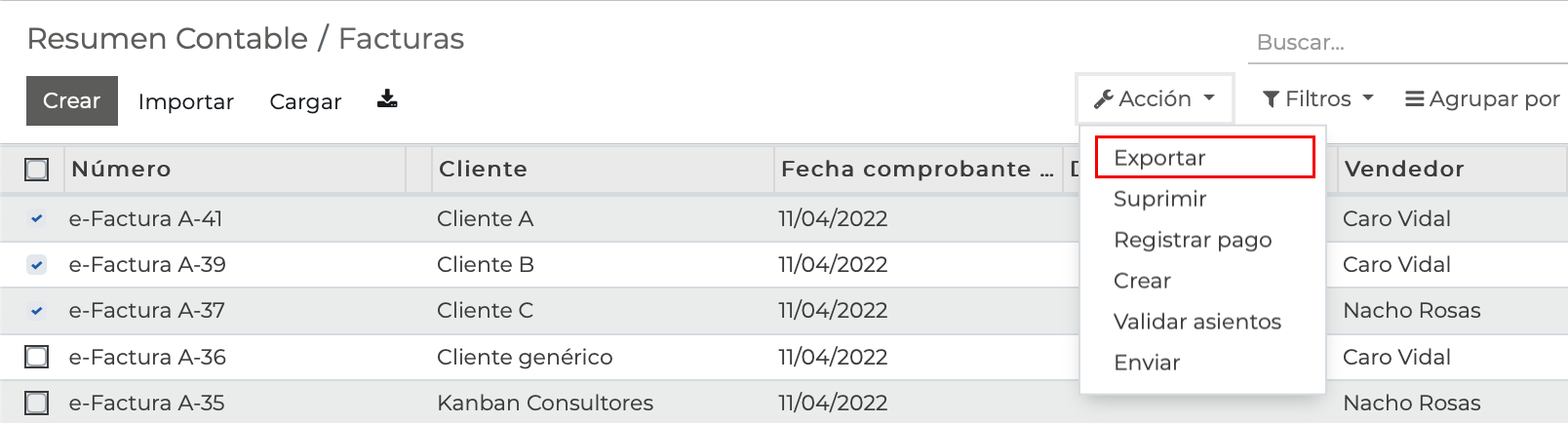 Imagen 4: Exportar facturas seleccionadas