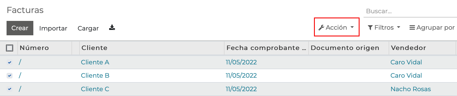 Imagen 14: Selección de facturas en borrador y clic en opción de menú Acción